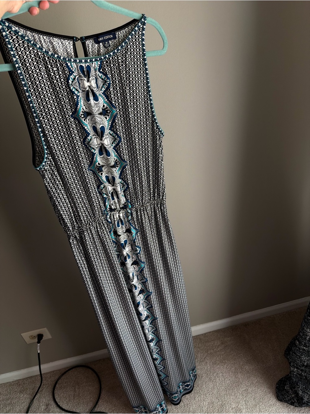 Max Studio Black, Blue White & Teal Sleeveless Geometric Maxi Dress
